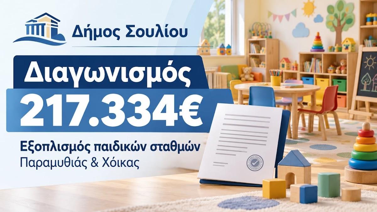 Δήμος Σουλίου: Διαγωνισμός 217.334 € για τον εξοπλισμό των παιδικών σταθμών Παραμυθιάς και Χόικας