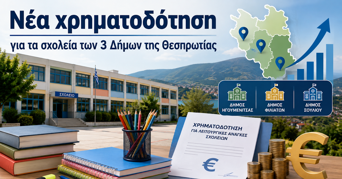 Νέα χρηματοδότηση για τα σχολεία των τριών Δήμων της Θεσπρωτίας