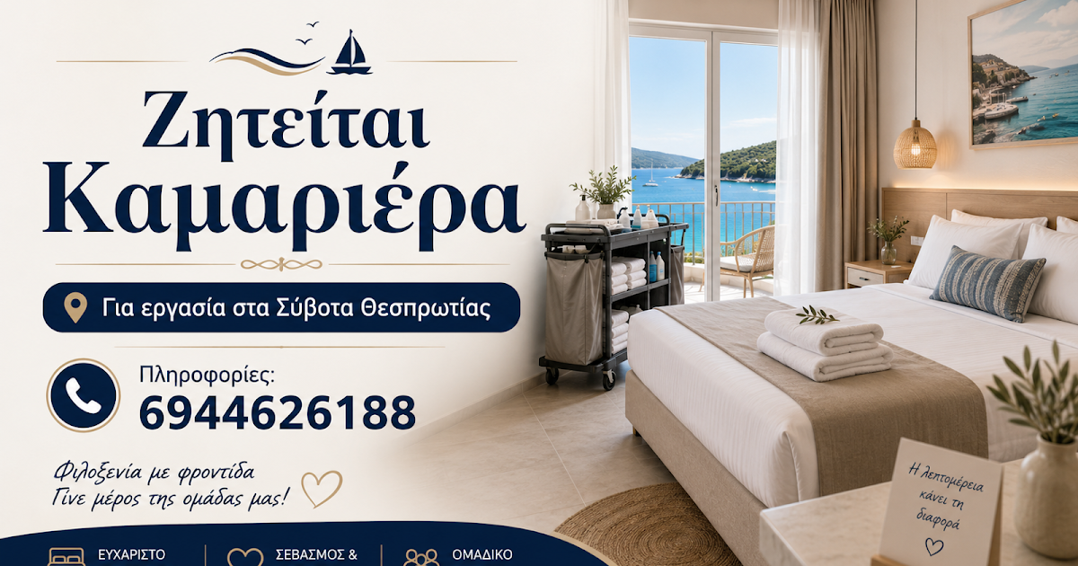 Θέσεις εργασίας στα Σύβοτα: Ζητείται καμαριέρα για ξενοδοχειακή μονάδα