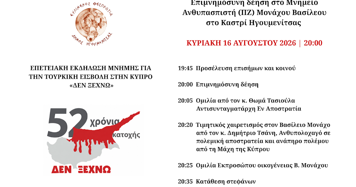 Δήμος Ηγουμενίτσας: Εκδήλωση μνήμης «Δεν ξεχνώ» για την τουρκική εισβολή στην Κύπρο