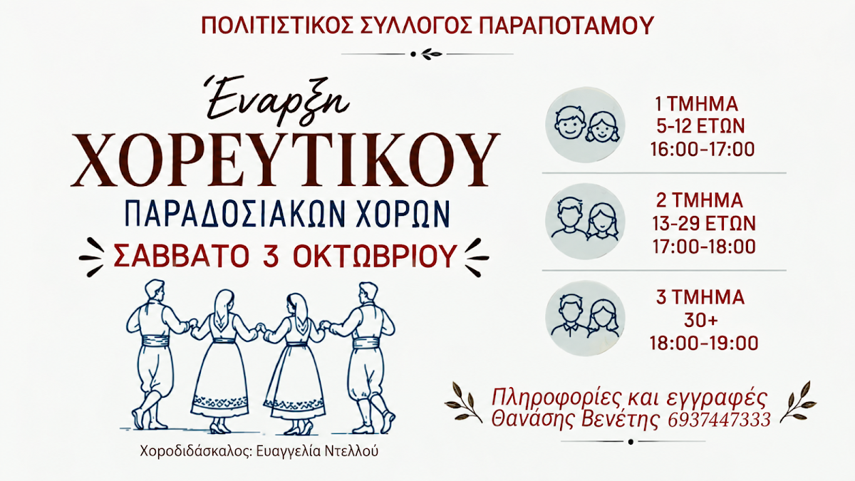 Ξεκινούν τα μαθήματα παραδοσιακών χορών από τον Πολιτιστικό Σύλλογο Παραποτάμου Ηγουμενίτσας