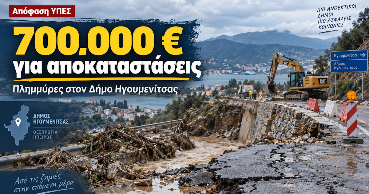Δήμος Ηγουμενίτσας: Χρηματοδότηση 700.000 ευρώ από το ΥΠΕΣ για αποκατάσταση ζημιών από πλημμύρες